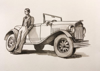 Illustration voiture ancienne encre chine